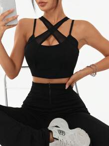 SHEIN Sports Women's Solid Color Cross-Neck Racerback Sports Tank Top - Black - View 2