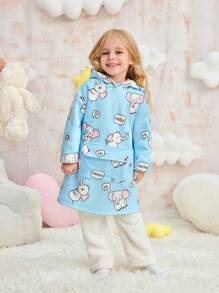 Young Girl Blue Minimalist Cute Elephant Print Long Sleeve Hooded Warm Pajama Nightgown Sleepwear