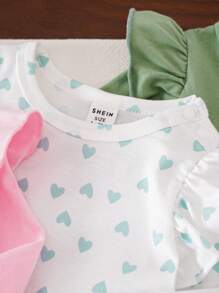 SHEIN Baby Girl Lovely Heart Pattern Ruffle Trim Long Sleeve Bodysuit - Green - View 3