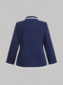 SHEIN MOD Navy Blue Contrast Trim Vintage Style Plus Size Women's Fitted Blazer