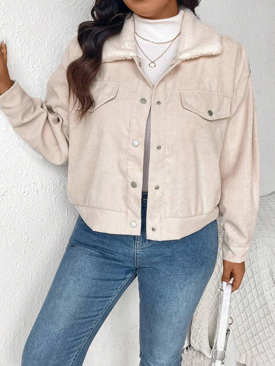 SHEIN Frenchy Plus Size Women's Autumn Winter Color Block Lapel Drop Shoulder Long Sleeve Casual Jacket - Apricot - View 1