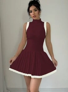 Elenzga Váy len xếp ly không tay cổ đứng phối màu đơn giản mùa thu - Màu Đỏ Sâu - Xem 5
