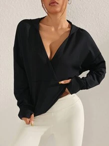 SHEIN Sports Black Loose Fit Comfortable Deep V Neck Sweatshirt - Black - View 3