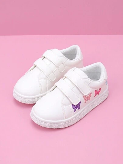 婴儿时尚简约白色刺绣彩色蝴蝶柔软钩环舒适运动鞋
