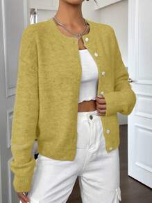 Flirla Front Button Long Sleeve Casual Loose Cardigan, Daily Wear - Mustard Yellow - View 5