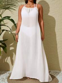 SHEIN Swim Chicsea Plus Size Women Solid Color Casual Long Maxi Sleeveless Coverup Dress Summer