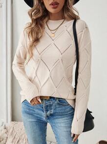 EMERY ROSE Jersey de cuello redondo beige de corte ceñido con manga larga y abertura para mujer, perfecto para otoño e invierno - Albaricoque - Ver 5