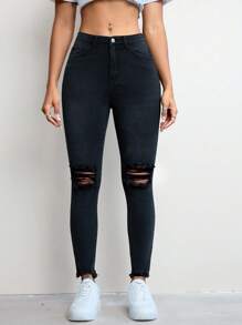 Flexra Simple Solid Front Button Ripped Pockets Casual Denim Pants, Daily Wear - Black - View 2