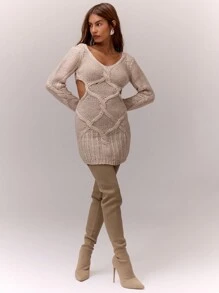 MUSERA Váy len dài tay hở cổ chữ V dệt kim cáp lớn - Lạc đà - Xem 4