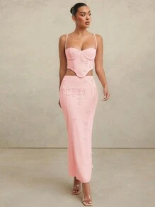 L'Amorae 3D Flower Embellishment Bodycon Maxi Skirt - Pink - View 6