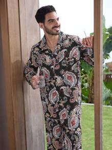 Manfinity ChillVibe Men's Paisley Print Long Sleeve Pajama Set - Multicolor - View 9