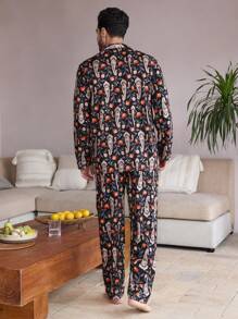 Manfinity ChillVibe 2pcs Men's Lapel Neck All-Over Print Long Sleeve Top And Pants Loungewear Set - Multicolor - View 2