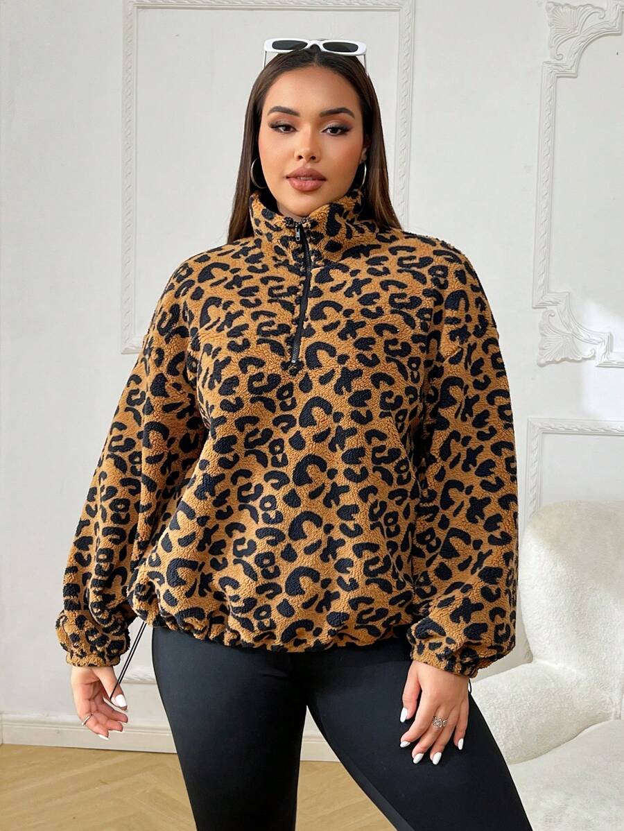 SHEIN EZwear 大码女式豹纹前拉链长袖棕色运动衫,适合冬季 - 棕色 - 查看 1