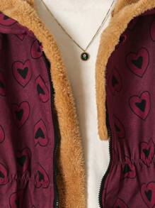 Young Girls Digital Print Heart Pattern Thermal Lined Hoodie Jacket With Zipper Closure, Long Sleeve Mid-Length Casual Warm Outerwear, Winter - Burgundy - View 6