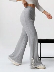 SHEIN EZwear Women's Solid Color Minimalist Everyday Lace Slit Tie Waist Palazzo Pants - Grey - View 1