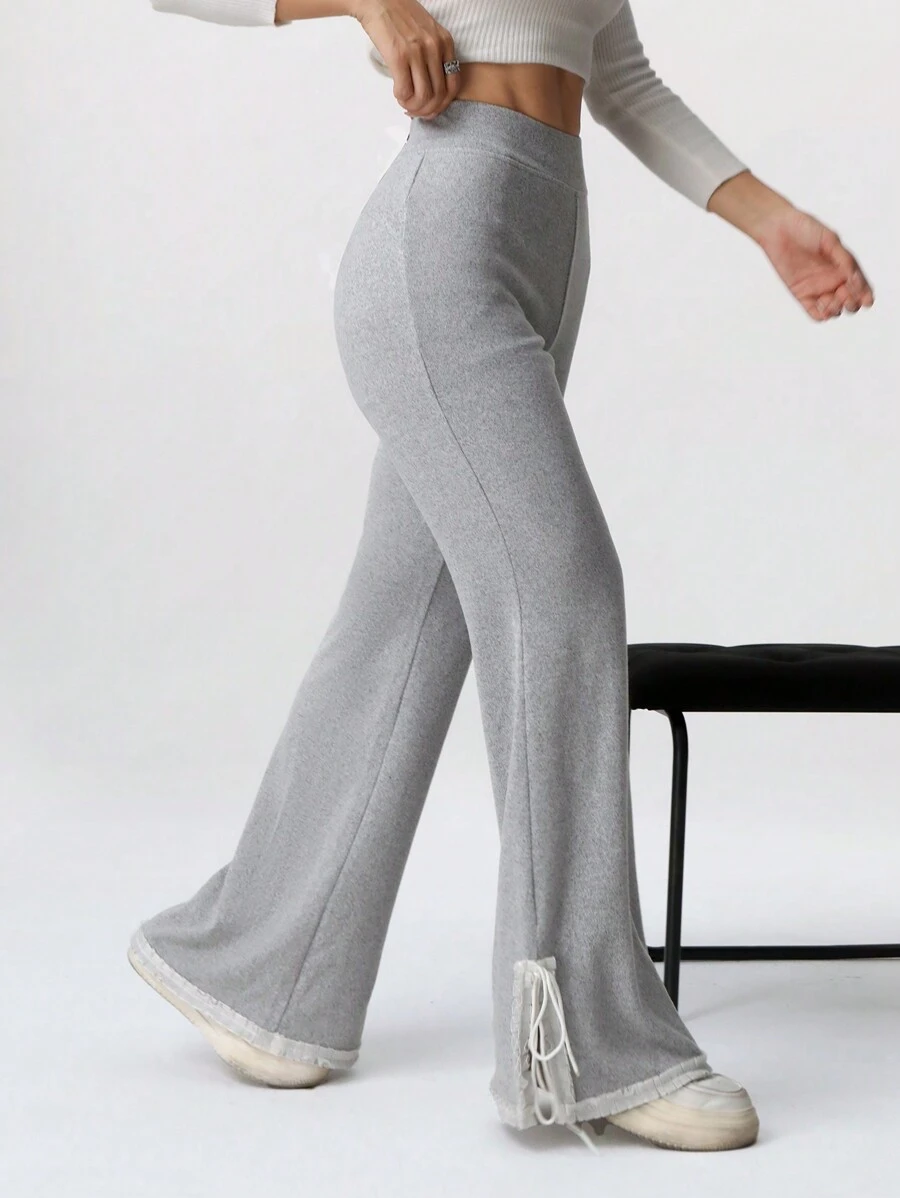 SHEIN EZwear Women's Solid Color Minimalist Everyday Lace Slit Tie Waist Palazzo Pants - Grey - View 1