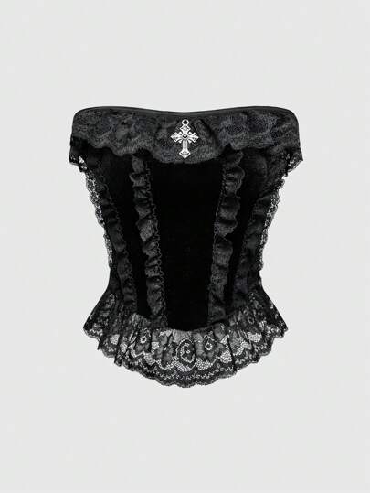 ROMWE Goth 哥特式宫廷风格十字装饰蕾丝拼布天鹅绒女式吊带背心