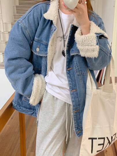 DAZY Women's Front Button Long Sleeve Pockets Fluffy Trim Casual Denim Jacket,Thermal Lined