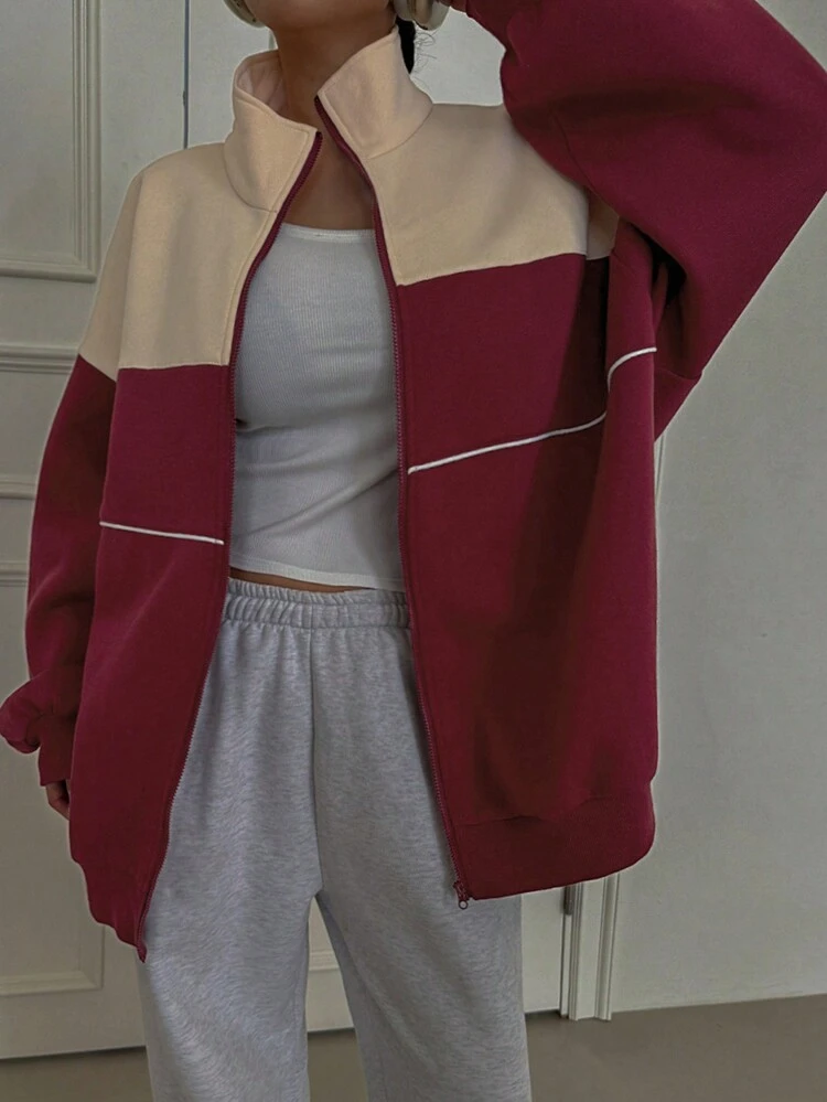 Women's Contrast Color Letter Print Casual Loose Fit Jacket,Fall Clothes Women Coats