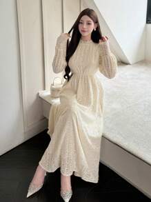 DAZY 女士长款蕾丝边保暖衬里白色连衣裙，秋季连衣裙长袖连衣裙婚礼女士连衣裙 - 米色 - 查看 7