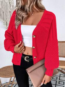 EMERY ROSE Áo len cardigan dáng rộng đơn hàng khuy đơn tay đèn lồng màu trơn cho nữ, trang phục thu đông năm mới - Đỏ - Xem 5