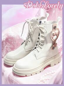 Dola Lovely Women's Fashionable & Elegant Casual Round Toe Lace-Up Side Zipper Sexy Heart & Bow Decor Classic British Style Thick-Sole Beige Ankle Boots
