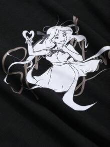 Dazy Plus 大码修身圆领休闲T恤，秋季印花T恤 - 黑色 - 查看 4