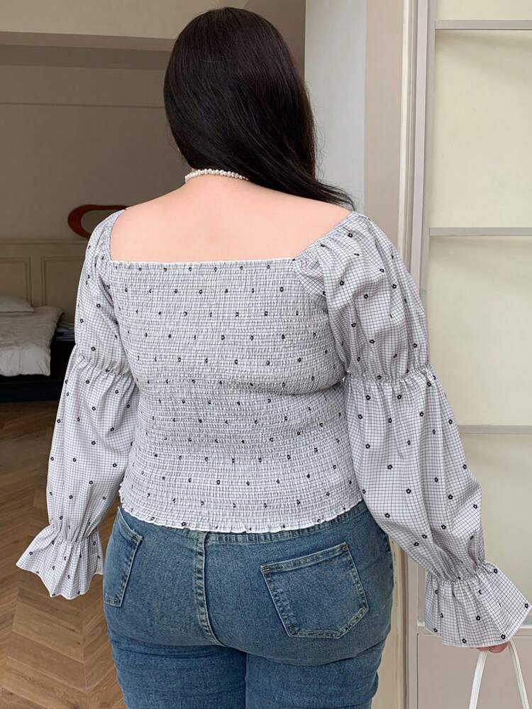 Dazy Plus Plus Size Floral Print Slim Fit Square Neck Blouse,Ruffle,Fall Clothes Graphic Tee