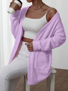 Chiquease Áo khoác cardigan nữ màu trơn, vai rớt, có túi, thích hợp cho mùa Thu/Đông. - Màu tím - Xem 3