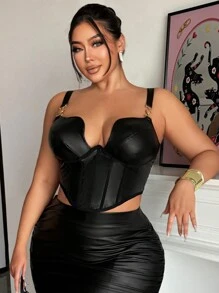 SHEIN SXY Reggiseno elegante da donna taglie forti con coppa a rete in PU nera, arricciatura e fibbia metallica decorativa regolabile per danza e festa - nero - Visualizzare 6