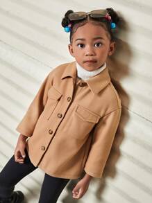 SHEIN Mantel Wol Polos Kasual Longgar untuk Anak Perempuan dengan Kerah Lipat - Khaki - View 7