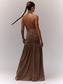 MUSERA Vestido de terciopelo con cuello alto halter, cintura fruncida, elegante para primavera, verano y fiestas