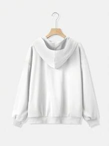 SHEIN CURVE+ Plus Size Women's Slogan & Figure Graphic Drop Shoulder Zip Up Sweatshirt - White - View 2