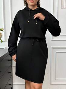RueChic Plus Size  Solid Drawstring Hooded Sweatshirt Dress - Black - View 5