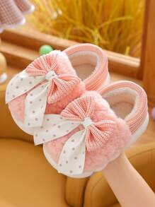 1 双女童蝴蝶结毛绒平底可爱儿童室内拖鞋，适合冬季 - 粉色 - 查看 1