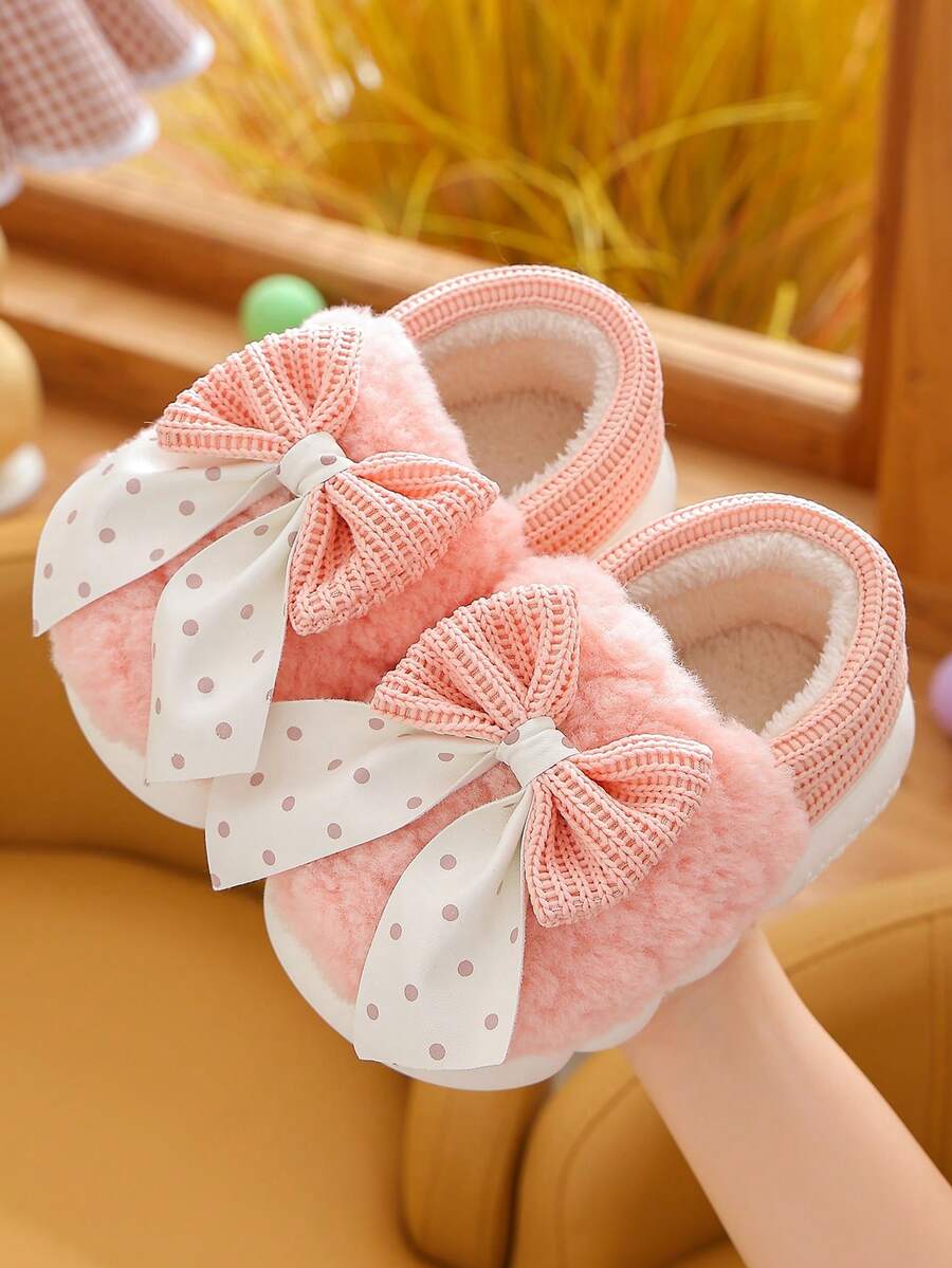 1 双女童蝴蝶结毛绒平底可爱儿童室内拖鞋，适合冬季 - 粉色 - 查看 1