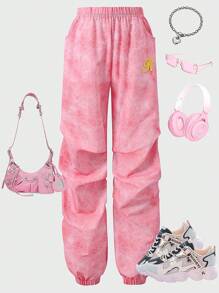 SHEIN Explorewe Fashion Pink Letter Embroidered Flared Pants For Tween Girls - Pink - View 3
