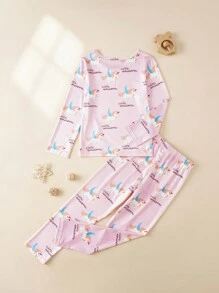 2pcs Young Girls Simple Pink Flying Horse Print Snug Fit Long Sleeve Top And Pants Homewear Set