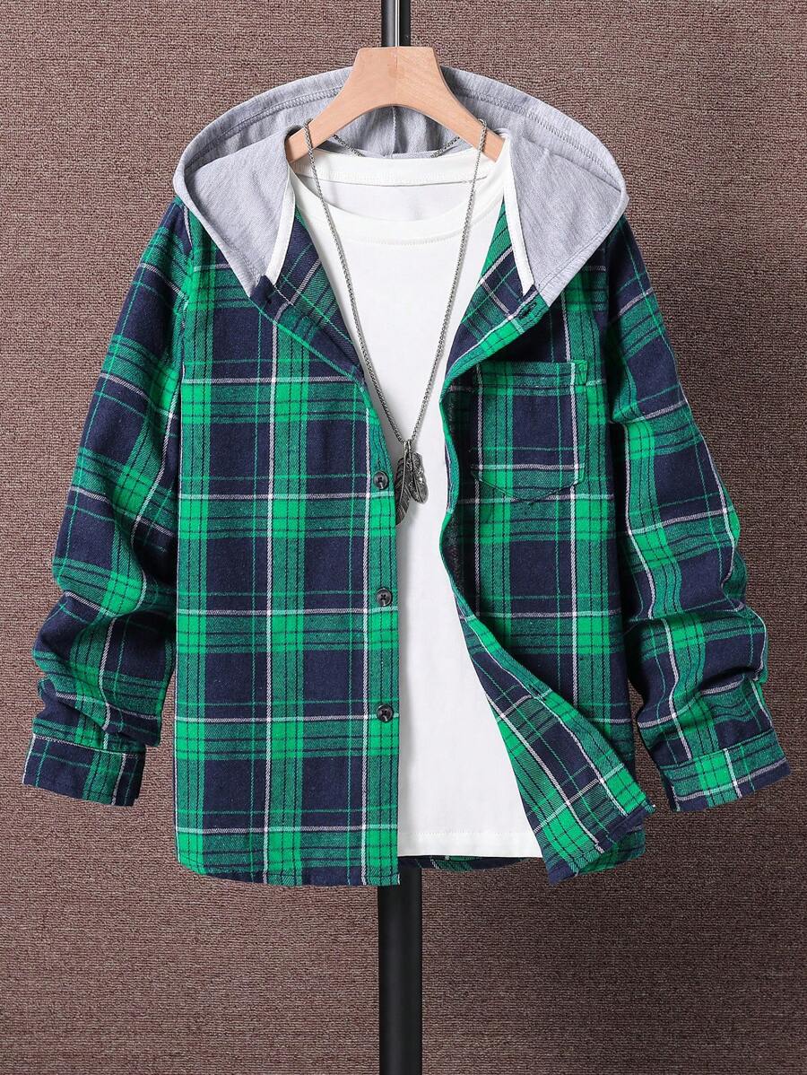 SHEIN Tween Boy 春秋格子长袖拼色连帽休闲衬衫 - 綠色 - 查看 1