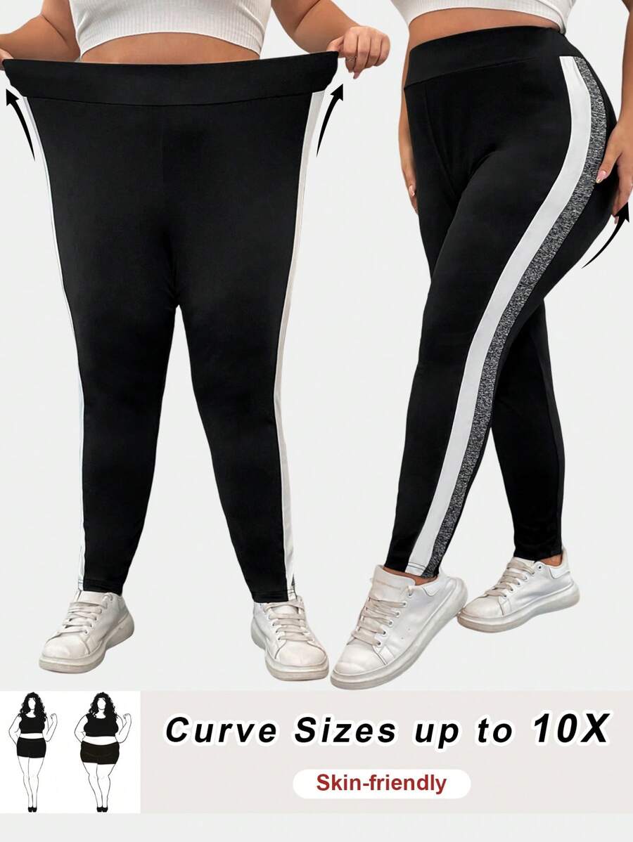 SHEIN CURVE+ 大码夏季休闲拼布弹力紧身裤，适合运动和日常穿着 - 黑色 - 查看 1