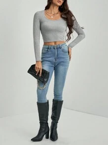 SHEIN Tall Women's Cropped Long Sleeve T-Shirt For Spring & Autumn