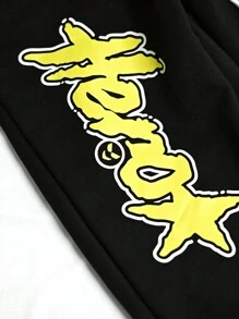 Manfinity EMRG Men's Letter Print Hoodies Sweatshirt And Front Tie Sweatpants 2pcs Set, Men Sweatsuit, Men Streetwear Sets, Men Co Ords - Black - View 3