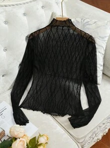 Modelyn Women's Stand Collar Long Sleeve Mesh Design Figure-Flattering Fashionable Blouse