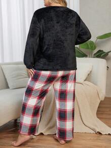 Conjunto de pijama de forro polar de cuello redondo de manga larga con bolsillo a cuadros para mujeres de talla grande, otoño/invierno