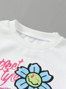 2 pezzi Set composto da felpa con stampa di lettere in stile casual Y2K e jeans in denim consumato per ragazze, autunno/inverno - Bianco - Visualizzare 3