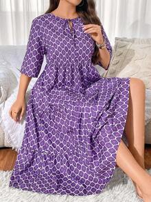 Franclia 大码女式夏季花卉印花系带短袖荷叶边下摆连衣裙 - 紫色 - 查看 4