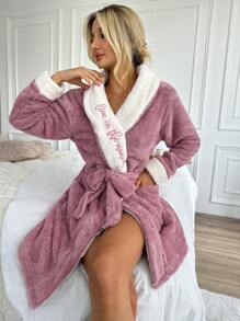 RueChic Letter Embroidery Contrast Trim Belted Robe - Pink - View 4
