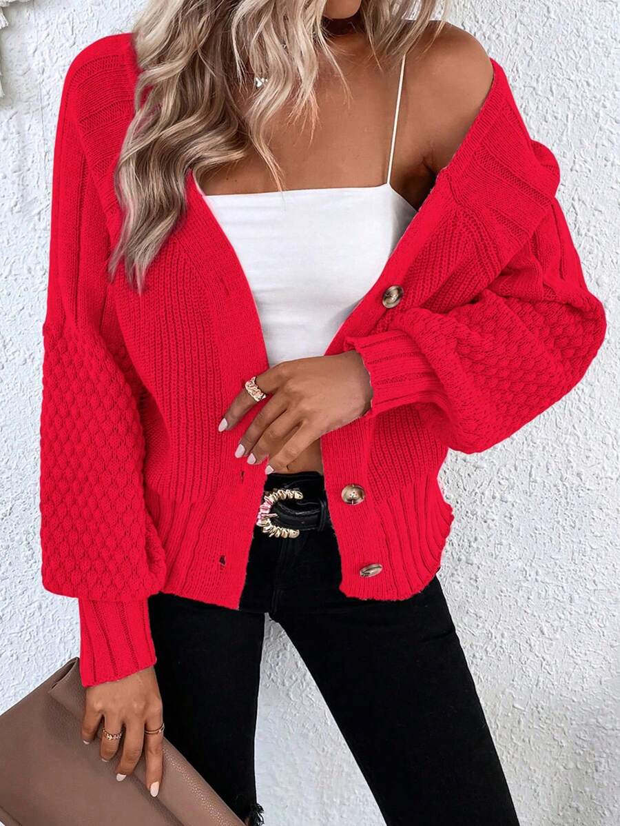 EMERY ROSE Áo len cardigan dáng rộng đơn hàng khuy đơn tay đèn lồng màu trơn cho nữ, trang phục thu đông năm mới - Đỏ - Xem 1
