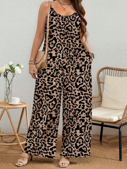 EMERY ROSE 休闲宽松豹纹连体裤，大码，夏季