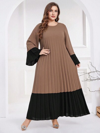 Al Najma Robe décontractée plissée à manches évasées avec bloc de couleurs col rond grande taille arabe pour femmes, robe maxi ligne A modeste décontractée, pour soirée/usage quotidien